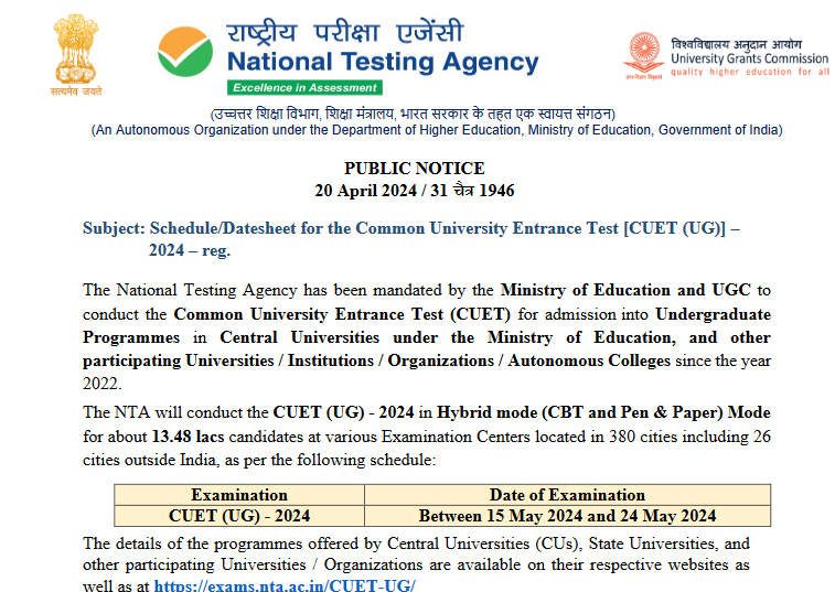 CUET UG 2024 Datesheet