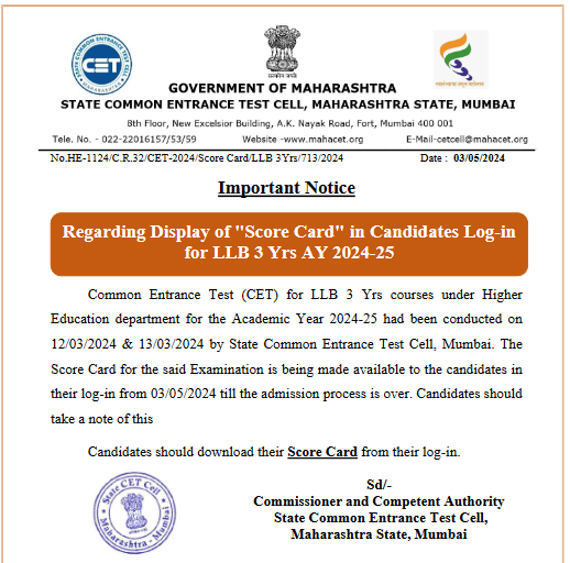 MHT CET 3 year LLB Result